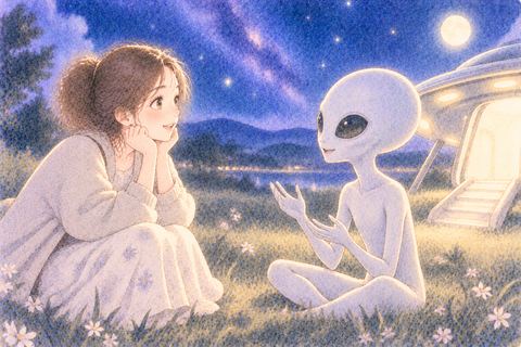宇宙人と穏やかに話す女性