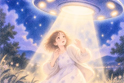 UFOの光に包まれ不安そうな女性