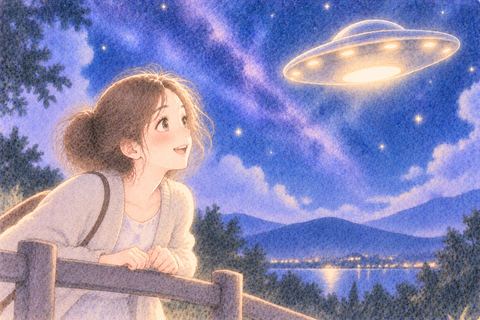 UFOを見つけて目を輝かせる女性