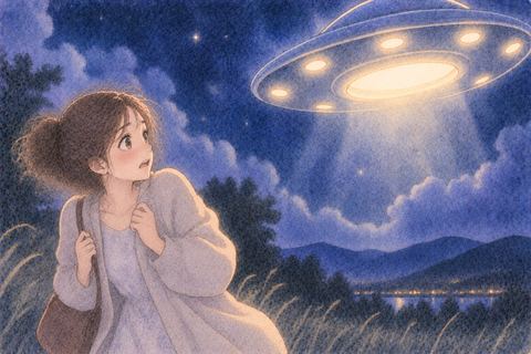 夜空のUFOを怖そうに見上げる女性