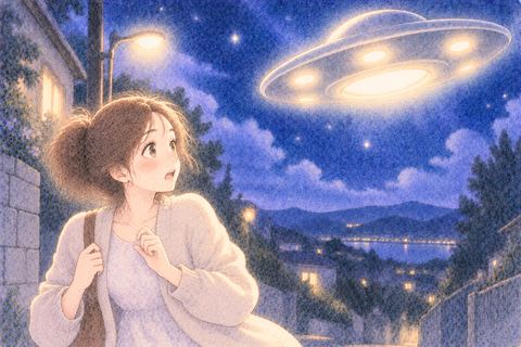 突然現れたUFOに驚く女性