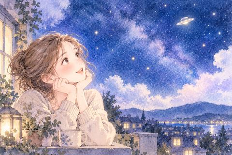 夜空の小さなUFOを見つめる女性