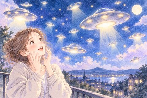 たくさんのUFOが浮かぶ夜空を見る女性