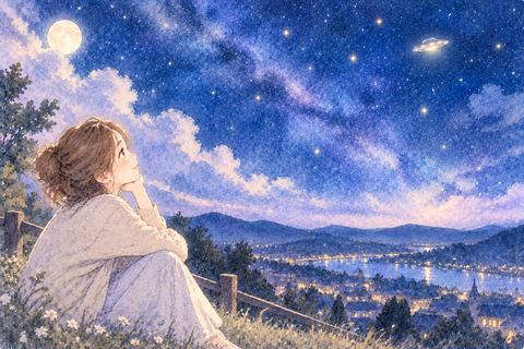 遠い夜空のUFOを静かに眺める女性