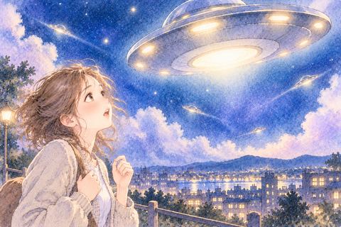 近づいてくるUFOを見上げる女性