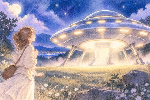 目の前に着陸したUFOを見る女性