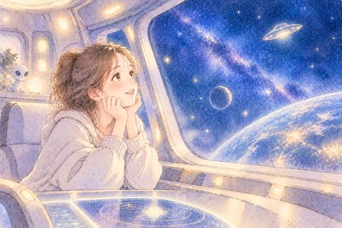 UFOに乗り込み窓の外を見る女性