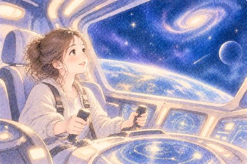 UFOの操縦席で進路を選ぶ女性