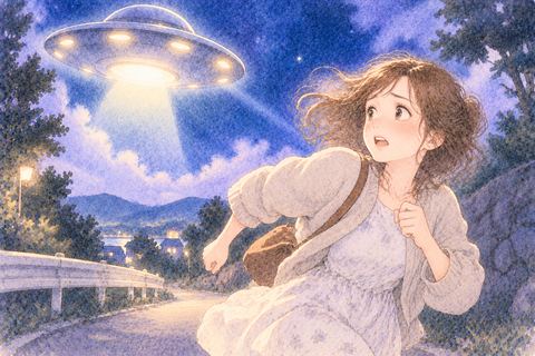 空のUFOに追われて走る女性