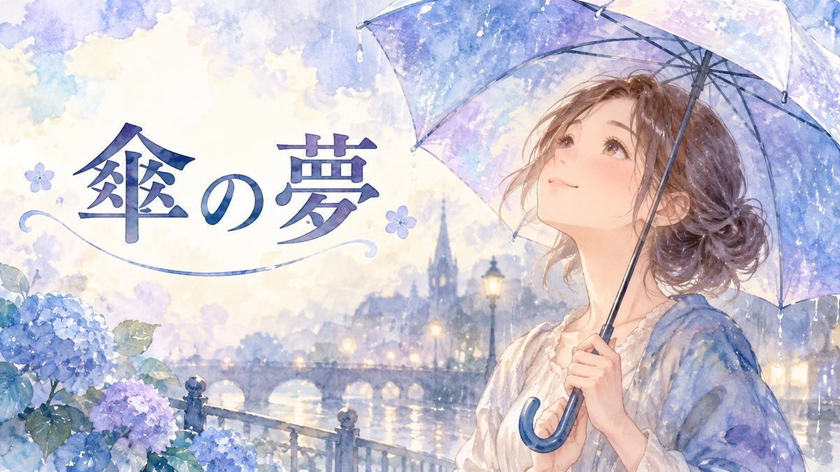 雨の夢景色で傘を見つめる大人の女性