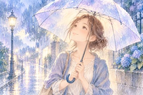 雨の中で傘をさして安心する女性