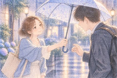 雨の中で相手に傘を差し出す女性