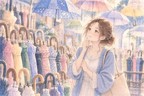 たくさん並ぶ傘を見比べる女性