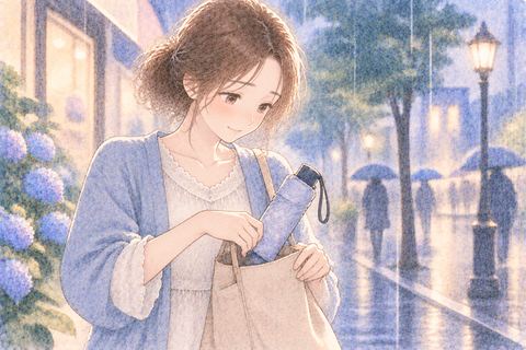 バッグから折りたたみ傘を取り出す女性