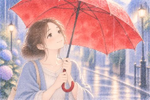 鮮やかな赤い傘を見上げる女性