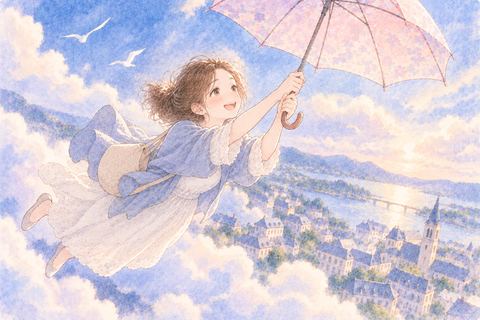 傘につかまって空を飛ぶ女性