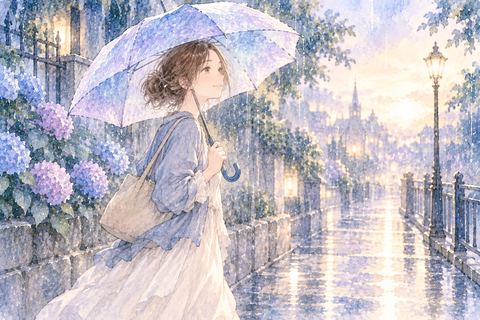 傘をさして雨の道を歩く女性