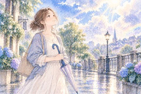 閉じた傘を持って晴れた道に立つ女性