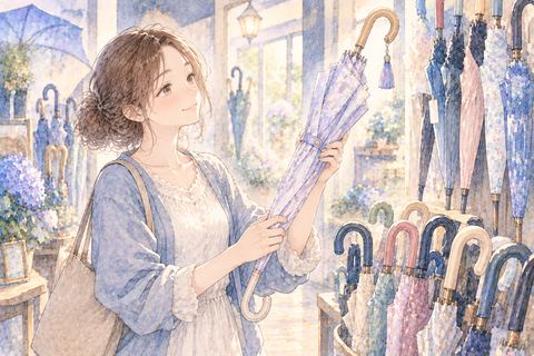 店で新しい傘を買う大人の女性