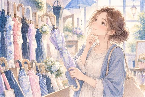 並んだ傘から一本を選ぶ女性
