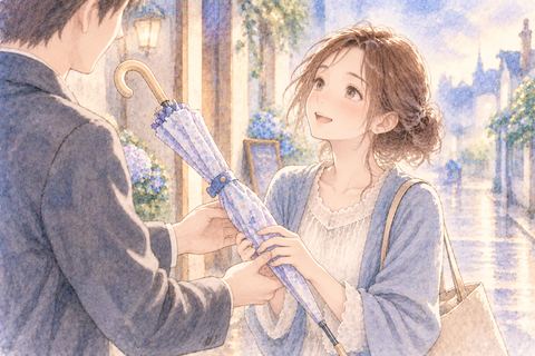 傘をプレゼントされて微笑む女性