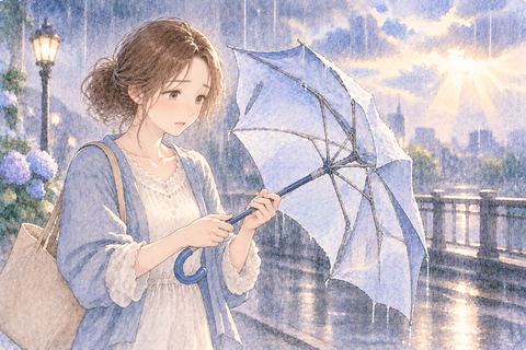 雨の中で壊れた傘を見つめる女性