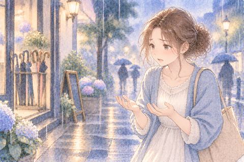 雨の中で傘がないことに気づく女性