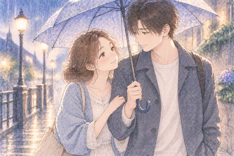 一つの傘で寄り添って歩く成人男女