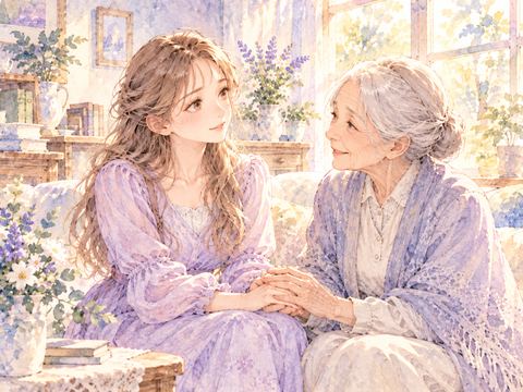 優しいおばあさんに手を握られて安心する大人の女性