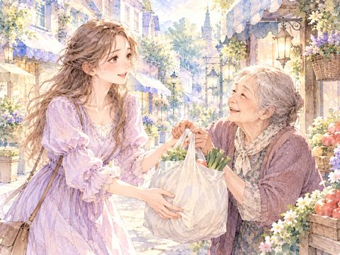 知らないおばあさんの重い買い物袋を持ってあげる女性