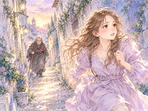 薄暗い路地で知らないおばあさんに追われて逃げる女性