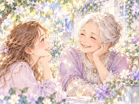 庭先で大人の女性に向かってにっこり笑う白髪のおばあさん