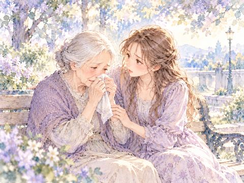 ベンチで涙を流すおばあさんを心配そうに見つめる女性