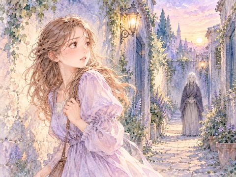 薄暗い路地に立つ見知らぬおばあさんを怖がる女性