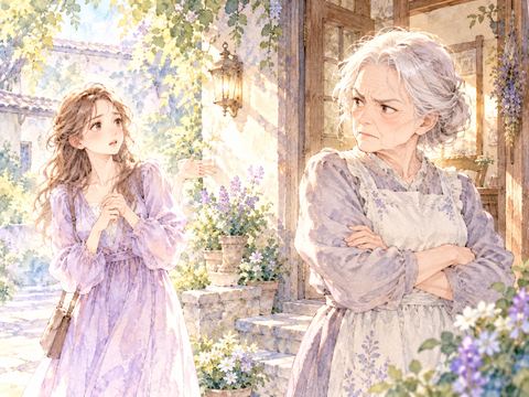 険しい顔で腕を組むおばあさんを戸惑いながら見る女性
