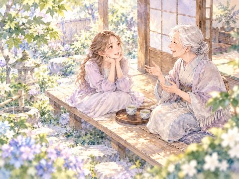 縁側でお茶を飲みながらおばあさんと楽しそうに話す女性