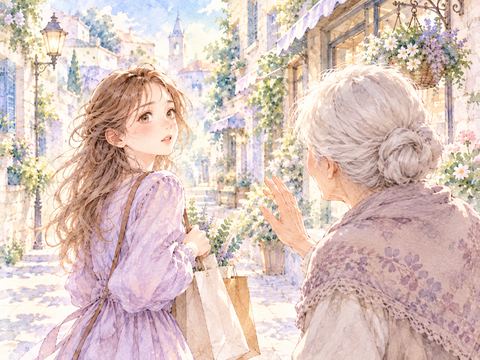 街角で見知らぬおばあさんに声をかけられて振り向く女性