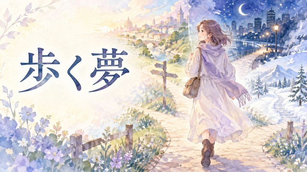 夢の分かれ道を歩く大人の女性と幻想的な道