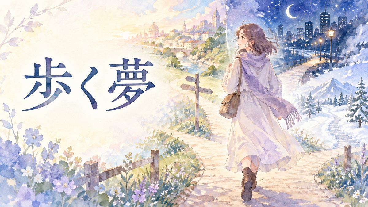 夢の分かれ道を歩く大人の女性と幻想的な道