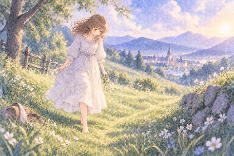 裸足で柔らかな草の上を歩く女性