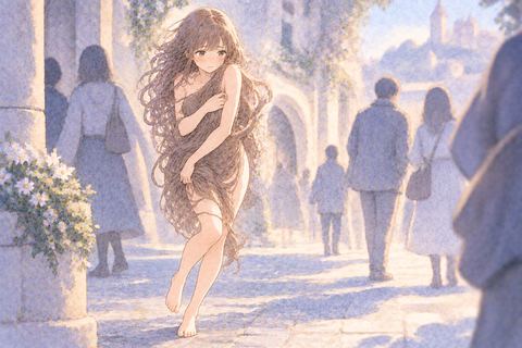 夢の中で体を隠しながら歩く女性