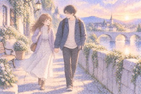 誰かと手を繋いで穏やかに歩く女性