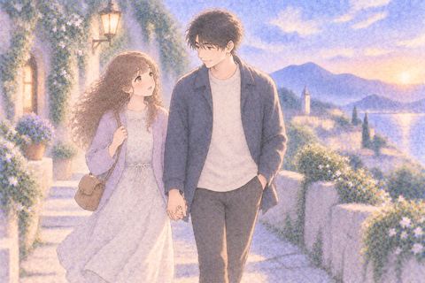 異性と手を繋いで穏やかに歩く女性