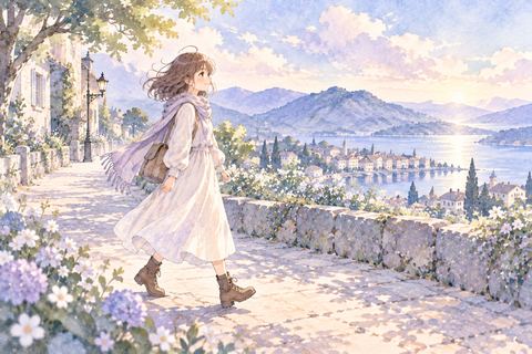 静かな道を一人で穏やかに歩く女性