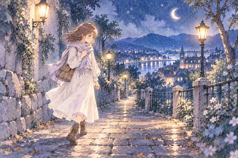 夜道を足元を確かめながら歩く女性