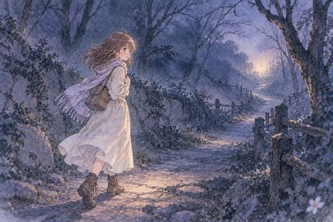 暗い道を迷いながら前へ歩く女性