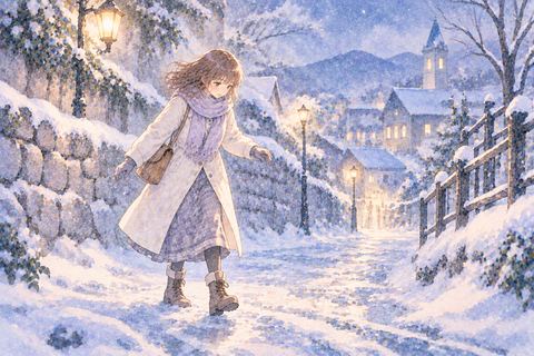 雪道を足元を確かめながら歩く女性