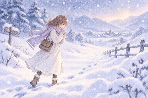 一面の雪景色の中を歩き続ける女性