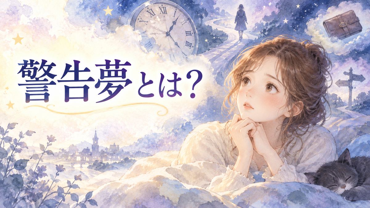 夢の光を見つめる大人の女性と注意を示す夢のモチーフ