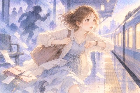 落とし物を気にしながら時計を見て急ぐ女性